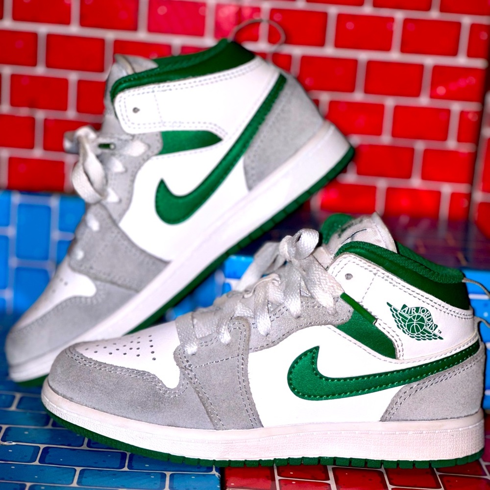 Size 13C: Air Jordan Mid 1 SE Pine Green, Smoke Grey